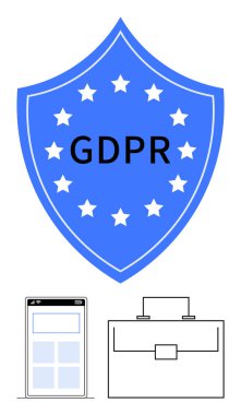 Yıldızlı GDPR, akıllı telefon arayüzü ve veri güvenliğini, mahremiyeti, uyumu ve yönetmeliği vurgulayan evrak çantasıyla etiketlenmiş mavi bir kalkan. Teknoloji, iş ve hukuki mahremiyet için ideal