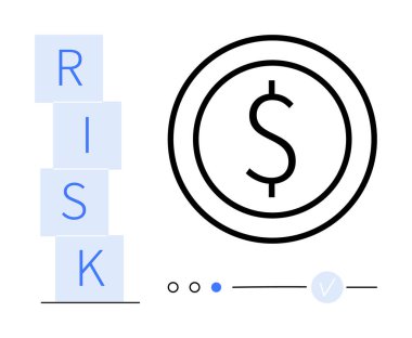 Çift daire içinde dolar işareti, RISK etiketli blok yığını, ilerleme göstergeleri. Mali risk, iş yatırımı, ekonomi stratejisi, bankacılık, sigorta, karar verme istikrarı için ideal