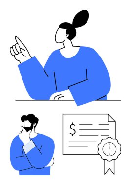 Kadın fikrini paylaşmak için elini kaldırır. Adam çenesinde elle düşünür. Kurdeleli sertifika başarıyı gösterir. Karar verme, beyin fırtınası, ödül kazanma, fikir alışverişi için ideal.