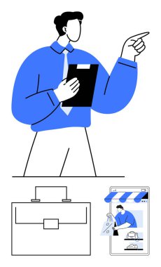 Elinde pano tutan ve yönetimi temsil eden bir iş adamı. Evrak çantası, mağaza önü ve e-ticaret, organizasyon ve verimlilik için akıllı telefon dahil. İş ve strateji için ideal