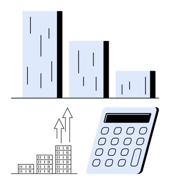Çubuk çizelgesi, ok ve hesap makinesi ile yükselen engeller. Finans, iş analizi, muhasebe, bütçe tahmini, yatırımların kar artışı için ideal. Soyut çizgi düz metafor