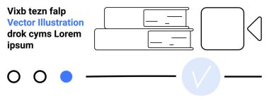 Oyun düğmesinin yanına istiflenmiş kitaplar ve minimalist tarzda metin ögeleri. Dairesel simgeler ve alt kısımda mavi daire şeklinde işaretler. Eğitim içeriği, dijital medya, minimalizm ve kullanıcı için ideal