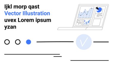 Dizüstü bilgisayardaki veri analizleri çeşitli grafikler ve işlem doğrulama işaretleri ile birlikte. Veri analizi, iş performansı, proje yönetimi, raporlama ve üretkenlik araçları için ideal