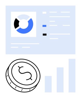 Turta grafiği, dolar parası ve mavi ve siyah renk şeması olan mali veriler. Ekonomi, yatırım, mali büyüme, tasarruflar, bütçe planlaması, muhasebe ve iş dünyası için ideal