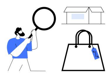 Elinde büyüteç tutan adam, indirimli etiketli alışveriş çantası ve basit bir depo. Perakende analizi, indirim alışverişi, e-ticaret, lojistik, tedarik zinciri, pazar araştırma tüketicisi için ideal