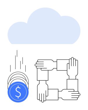 Üstte mavi bulut, dolar işaretli sikkeler düşüyor ve eller kare şeklinde birbirine kenetleniyor. Bulut depolama, takım çalışması, mali büyüme, dijital tasarruflar, yatırım stratejileri, fintech