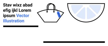 Etiketli el çantası, soyut limon dilimi ve modern minimalist tarzda yer tutucu metin. Moda, alışveriş, seyahat, yaz, markalaşma, reklam, e-ticaret düz iniş sayfası afişi için ideal