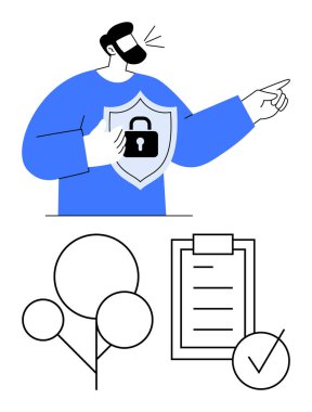 Bireysel tutuş kalkanı, güvenli verilerle aynı hizada, kene iziyle uyumlu kontrol listesi, soyut ağaç başparmakları yukarı yapısı. Veri güvenliği, uyum, siber güvenlik, mahremiyet için ideal