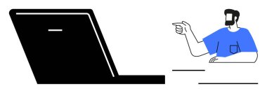 Mavi gömlekli adam dizüstü bilgisayarı işaret ediyor, sanal bir konuşma veya sunum yapıyor. Dijital iletişim, uzaktan çalışma, çevrimiçi toplantılar, teknik destek, sanal işbirliği için ideal