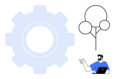 Adam dizüstü bilgisayar kullanırken işaret ediyor, yanında da büyük teçhizat ve soyut ağaç var. Teknoloji, doğa, üretkenlik, yenilik, rehberlik, etkileşim eğitimi için idealdir. Asgari tasarım