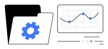 Veri göstergeli bir çizgi grafiğini gösteren bir ekranın yanında mavi çark simgesi olan siyah klasör. Veri yönetimi için ideal, iş analizi, teknik çözümler, üretkenlik, organizasyon araçları, veri
