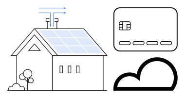 Güneş panelli ev, ağaçlar, dijital bulut, kredi kartı. Akıllı ev için ideal, sürdürülebilirlik, dijital ödemeler, teknoloji yenilenebilir enerji fütüristik yeşil teknoloji. Satır metaforu