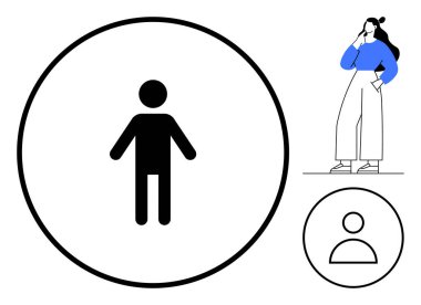 Geniş çemberin içindeki insan figürü, elleri çenesinde düşünen kadın, kullanıcı dairesi simgesi. İnsan kaynakları, kimlik, karar verme, bireysellik, içgözlem, değerlendirme ve kullanıcı için ideal