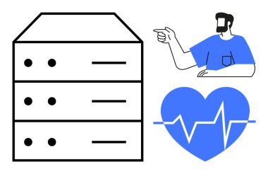 Sunucu yığınları, adam işaret ediyor ve kalp elektrokardiyogram çizgisi var. Sağlık teknolojisi, veri yönetimi, insan bağlantısı, tıbbi teknoloji, sağlık izleme, bilişim altyapısı yenilikçi