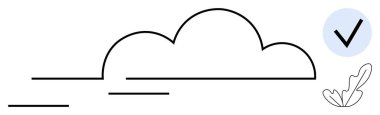 Yatay çizgileri olan bulut çizgisi, mavi dairede bir işaret ve yaprak çizgisi. Teknoloji, başarı, onay, bağlantı, dijital platformlar sürdürülebilirlik verimliliği için idealdir. Basit.