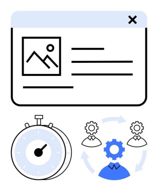 Resim önizlemesi ve metni olan kullanıcı arayüzü penceresi, zaman yönetimini sembolize eden kronometre, dişli simgesi ile takım işbirliği. Üretim, takım çalışması, teslim tarihleri, proje yönetimi, görev için ideal