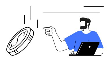 Adam dizüstü bilgisayarda çalışırken madeni parayı gösteriyor. Bu da mali karar verme mekanizmasını gösteriyor. Finans, yatırım, teknoloji, iş stratejileri, girişimler, karar verme danışmanlığı için idealdir. Basit.