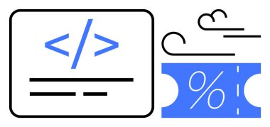 Bir dikdörtgen üzerinde kod kırıntısı, yüzde işareti ve soyut çizgilerle birlikte indirim kuponu kuponu. Çevrimiçi iş için ideal, promosyonlar, programlama, e-ticaret, pazarlama, indirimler, soyut