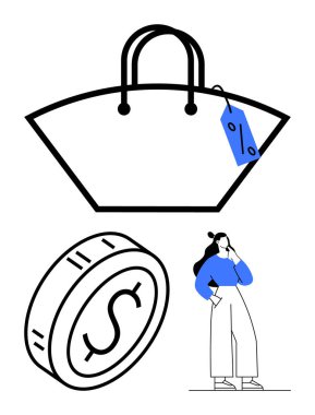 İndirim etiketli büyük bir çanta, büyük boy bozuk para ve elinde bir defter tutan düşünceli bir müşteri. Alışveriş, bütçe, finans, tüketici davranışı, indirimler, soyut pazarlama çizgisi için ideal