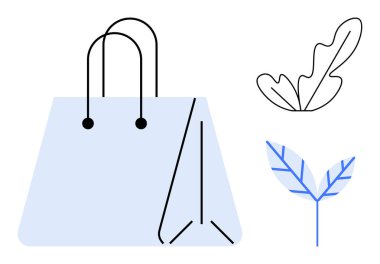 Etrafı sade ve soyut yapraklarla çevrili bir alışveriş çantası. Temalar için ideal, çevre dostu ürünler, sürdürülebilirlik, alışveriş, doğa, minimalizm, modern tasarım markalaşması. Temiz ve sınırlı çizgiler