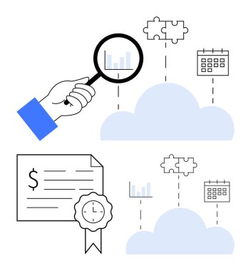Büyüteçle el, bulut verilerini grafik, yapboz parçaları ve takvim simgeleriyle inceler. Mühür ve dolar işareti olan sertifika. Veri analizi, bulut hesaplaması ve mali denetim için ideal