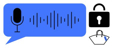 Mavi konuşma balonunda ses dalgası desenli mikrofon, asma kilit ve alışveriş çantası. Ses teknolojisi, güvenlik, e-ticaret, çevrimiçi alışveriş, mahremiyet, dijital iletişim ve akıllı iletişim için ideal