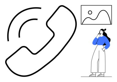 Büyük, soyut bir telefon alıcısı, mavi bluzlu bir kadın ve elinde telefon tutan beyaz bir pantolon. İletişim, bağlantı, teknoloji, müşteri hizmetleri, modern yaşam tarzı, dijital etkileşim, uzaktan kumanda için ideal