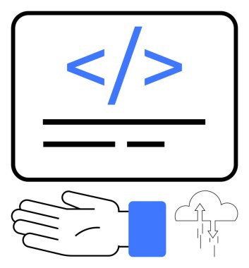 Çerçevenin içinde bir kod sembolü altında bir bulut ve oklarla. Kodlama, yazılım geliştirme, bulut hesaplama, veri yükleme, teknoloji hizmetleri, web geliştirme, dijital çözümler için idealdir. Çizgi