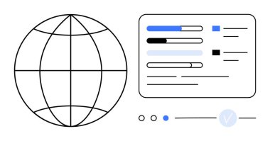 Üzerinde ilerleme çubukları, noktalar, çizgiler ve işaretler olan dikdörtgen bir kartın yanındaki dünya ızgarası. Veri sunumu, analitik, küresel erişim, ilerleme takibi, teknik arayüzler proje yönetimi için ideal