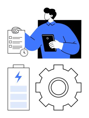 Kontrol listesi, saat, teçhizat, pil ve tablet vurgulama organizasyonu olan kişi, zaman izleme, iş akışı ve enerji optimizasyonu. Üretkenlik planlaması için ideal iş akışı teknolojisi verimliliği