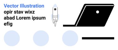 Roket, minimalist dairesel şekiller ve yer tutucu metin eşliğinde bir dizüstü bilgisayarın yanında fırlatılıyor. Yenilik, teknoloji, girişim, yaratıcılık, planlama, strateji, eğitim soyut çizgisi için ideal