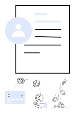 Kullanıcı simgesi, kredi kartı ve döviz kuru içeren profil belgesi. Çevrimiçi işlemler, bankacılık, mali yönetim, dijital ödemeler, e-ticaret fintech ve bütçeleme için ideal. Satır metaforu