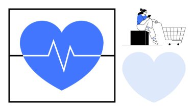 Beyaz EKG çizgisi olan büyük mavi kalp kalp kalp, kalp sağlığı taşır. El arabasıyla oturan kişi online alışveriş anlamına gelir. Sağlıkla ilgili ekomünikasyon, refah, uzaktan izleme, kişisel bakım ve müşteri için ideal