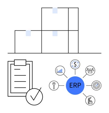 Yığılmış kutular, işaretli kontrol listesi, finans için ERP modül bağlantıları, insanlar, analitik, araçlar. Lojistik, envanter yönetimi, iş akışı analizi planlama çözümleri için ideal