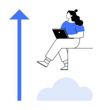 Diz üstü bilgisayarı olan bir kadın, yukarı doğru yükselen mavi bir ok ve büyümeyi, umutları ve başarıyı simgeleyen bir bulut. İş için ideal, kariyer ilerlemesi, teknoloji, yenilik, eğitim, uzak çalışma