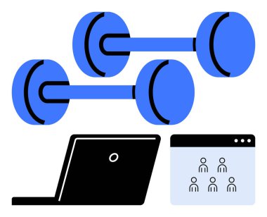 Dambıllar ve bir dizüstü bilgisayar Avatar simgeleriyle çevrimiçi bir toplantı penceresinin yanında. Çevrimiçi fitness, ev çalışması, sanal eğitim, sağlık uygulamaları, dijital topluluk, uzaktan öğrenme, soyut çizgi