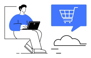 İçinde alışveriş arabası ikonu olan mavi konuşma balonunun yanında dizüstü bilgisayarlı biri oturuyor. E-ticaret, çevrimiçi perakende, dijital pazarlama, çevrimiçi ödeme, müşteri hizmetleri, teknoloji araçları, bulut