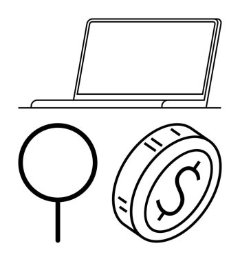 Dizüstü bilgisayar, büyüteç ve dolar madeni para dijital araştırma, finansal araçlar, e-ticaret ve yatırım temalarını iletir. Teknoloji, para ve arama motorları için ideal. Eğitimi finanse etmek için soyut bir çizgi.