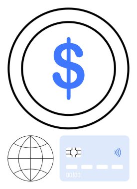 Çift daire halinde mavi dolar işareti, temassız kredi kartı ve dünya ızgarası. Fintech, küresel ödemeler, e-ticaret, çevrimiçi bankacılık, döviz kuru, soyut finans hattı düz metaforu için ideal