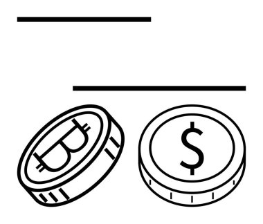 Bitcoin ve dolar sikkeleri dijital ve geleneksel para taşır. Finans, kripto para birimi, ticaret, yatırım, ekonomi, tasarruf, blok zinciri için idealdir. Soyut çizgi düz metafor