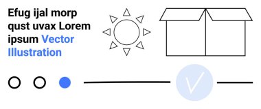 Siyah güneş ikonu, açık kutu ana hatları ve siyah-mavi yer tutucu metni. Biri dolu üç daire, mavi bir işaret ve yatay bir çizgi. Tasarım şablonları, prototipler ve kullanıcı için ideal