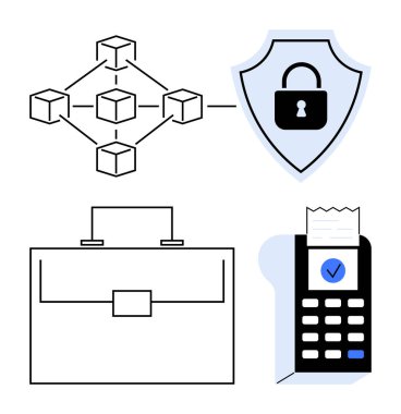 Blockchain yapısı, kilitli kalkan, evrak çantası ikonu ve fatura kesme terminali. Finans, dijital ticaret, güvenlik, e-ticaret, blok zinciri fintech ve soyut düz metafor için ideal