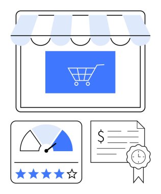 Çevrimiçi mağaza önü, mavi alışveriş arabası ikonu, müşteri derecelendirme sayacı ve kurdeleli sertifika. E-ticaret için ideal, müşteri değerlendirmeleri, kalite güvencesi, çevrimiçi alışveriş, sertifikalar