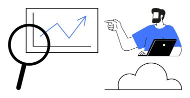 Ekrandaki büyüme grafiğine işaret eden işadamı, yükselen eğilimi, büyüteç kaplamasını ve veri depolamayı temsil eden bulutu gösteriyor. İş analizi, sunumlar, veri büyümesi için ideal
