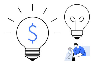 Dolar işareti olan büyük bir ampul, daha küçük bir ampul, alışveriş torbaları tutan biri. Finans, yenilik, e-ticaret, tüketici davranışı, pazarlama stratejileri, girişimler için ideal