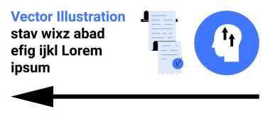 Mavi metin, kontrol listesi kağıtları, oklu baş ve sağdaki ok. İş sunumları, proje yönetimi, eğitim materyalleri, süreç iyileştirmesi, hedef belirleme, pazarlama için ideal