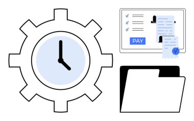 Vites saati, ödeme düğmeli fatura ve zaman yönetimini, mali işlemleri ve organizasyonu temsil eden belge klasörü. Finans, üretkenlik, iş, teknoloji verimliliği için ideal