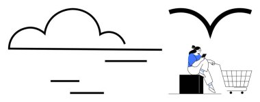 Mavi bluzlu kadın oturuyor, alışveriş arabasının yanındaki telefonu kontrol ediyor, bulutların ve kuş şekillerinin altında. E-ticaret, dijital pazarlama, tüketici alışkanlıkları, teknoloji kullanımı, çevrimiçi alışveriş için ideal