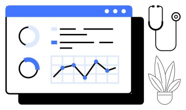 Çeşitli analitik çizelgeler, grafikler ve istatistikler içeren tıbbi gösterge paneli. Steteskop ve saksı bitkisi sağlık ve sağlık için. Sağlık analizi, veri takibi ve tıbbi araştırma için ideal