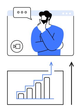 Görüntülü arama penceresindeki kişi yukarıdan yukarıya doğru çizilmiş grafiği inceliyor. İş için ideal, iletişim, büyüme stratejileri, sanal toplantılar, karar verme, dijital takım çalışması, uzaktan çalışma. Çizgi
